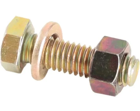 Parafuso cabeça francesa 1/2” x 1.1/4” 12F W GR2 RT (bicromatizado) Arruela especial de ø14 x ø40 x 6 serrilhada | Arruela de pressão 1/2” média (bicromatizado) Porca sextavada 1/2” 12 FIOS W GR5 CH. 7/8” Alt.12mm
